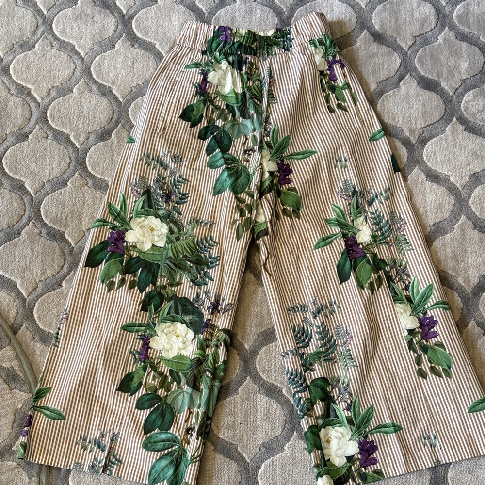 Zara Floral Striped Wide Leg Pants in Beige with Green Accents